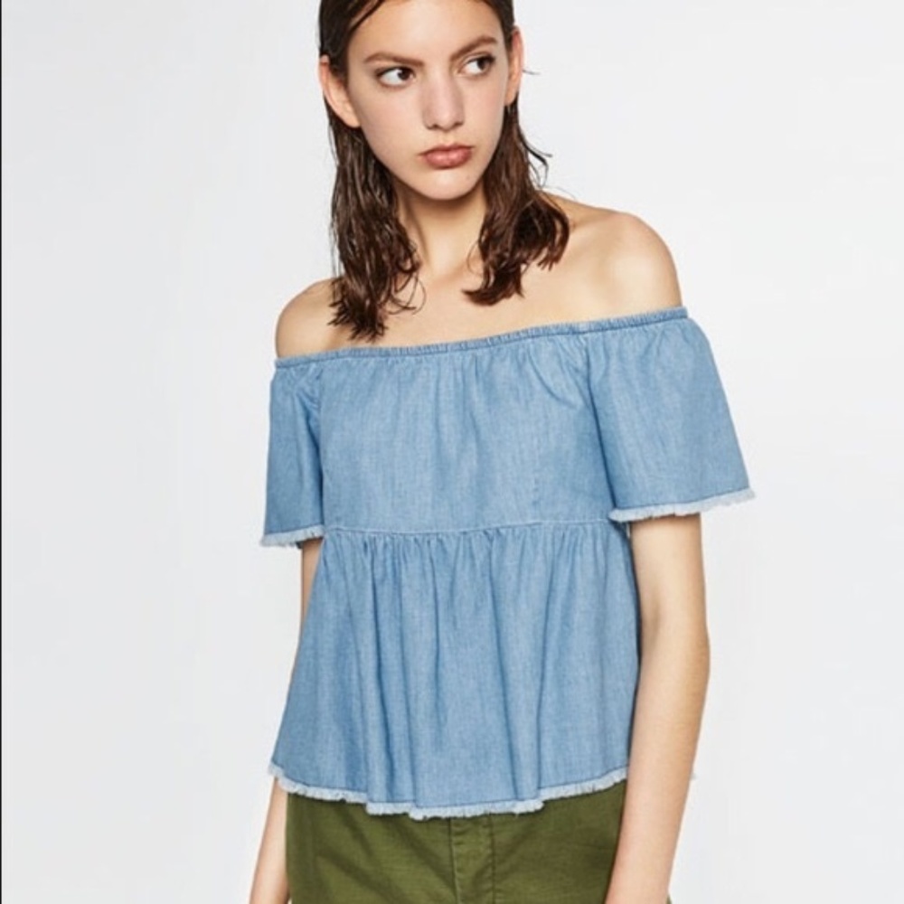 Zara Basic Denim Off the Shoulder Top XS